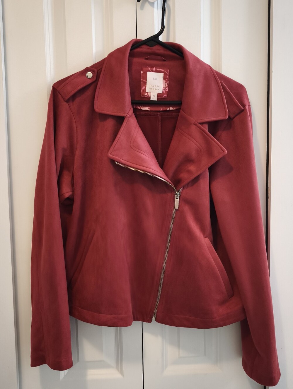 LC Lauren Conrad Faux Suede Moto Jacket XL Burgundy Red Biker
